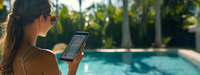 Woman Monitoring Stocks Poolside Woman Monitoring Stocks Poolside
